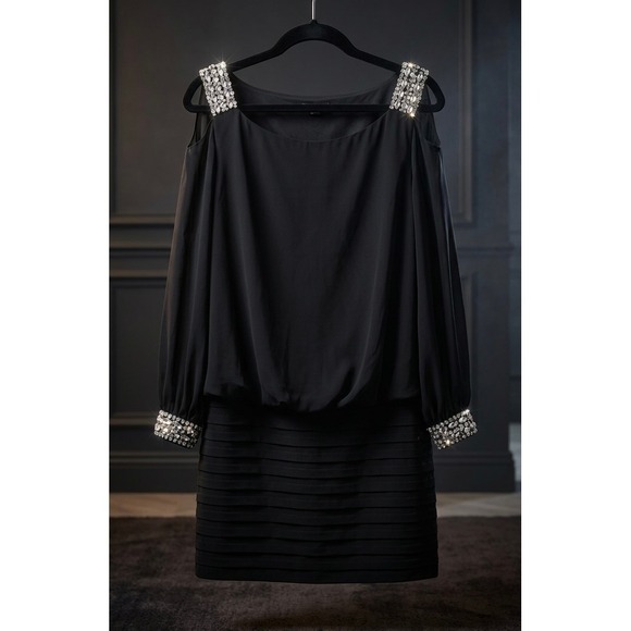 Betsy & Adam Dresses & Skirts - Betsy Adam Black Chiffon Blouson Dress Crystal Shoulder Cuff Plus 22W
